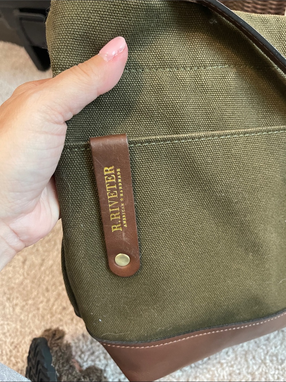 R. RIVETER Olive Canvas Messenger Bag with Brown Leather Trim - Picture 3 of 8
